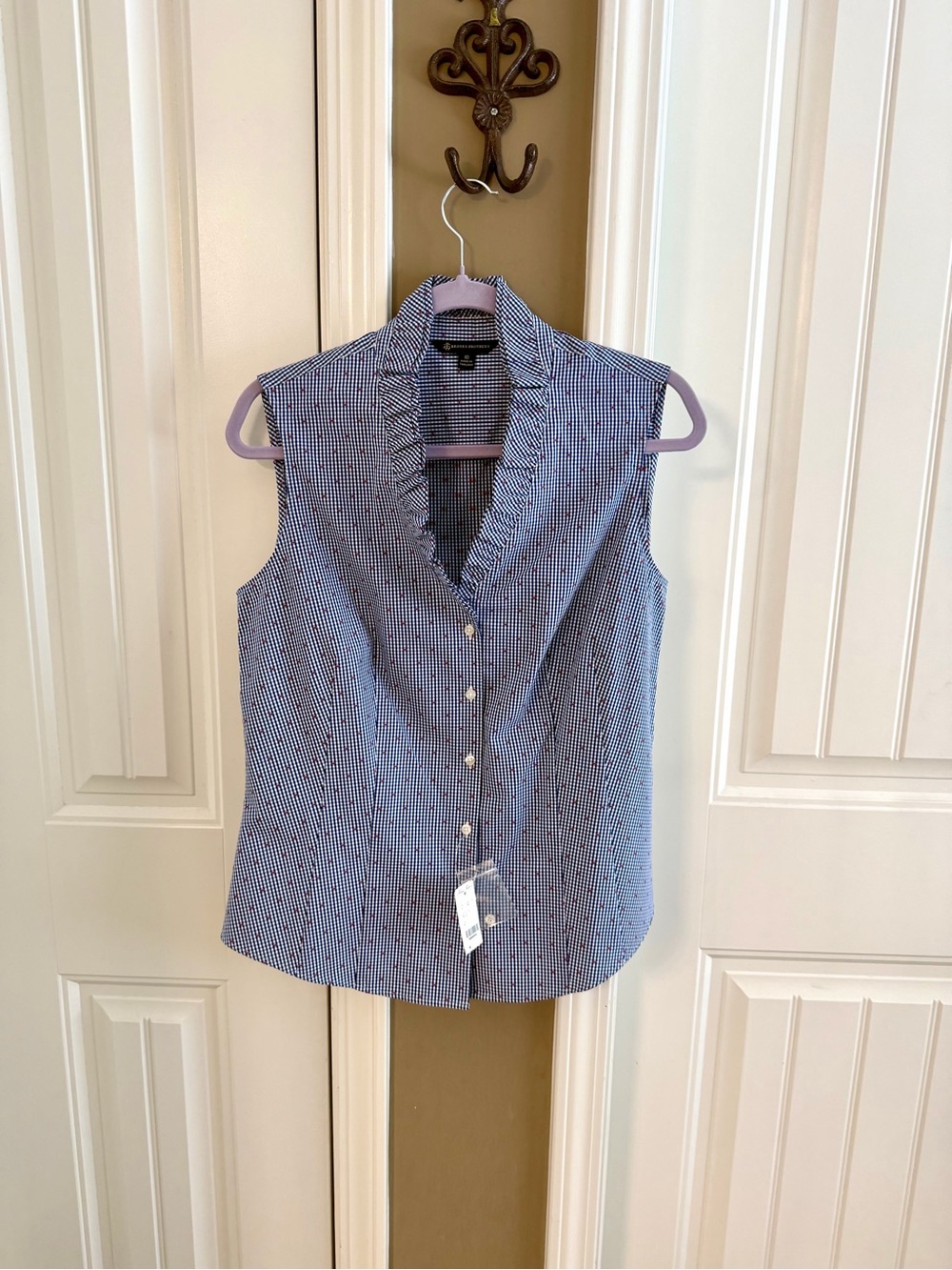 Brooks Brothers Blue Gingham Sleeveless Ruffle-Trim Button Front Top
